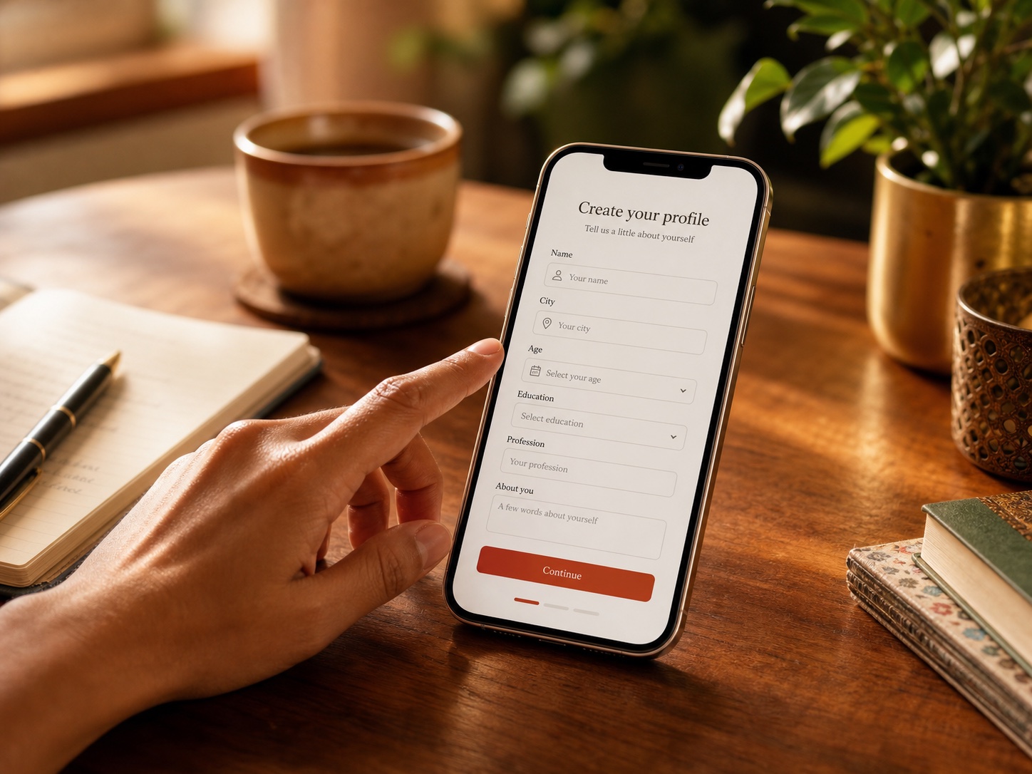 A phone showing a profile creation form on a warm table.