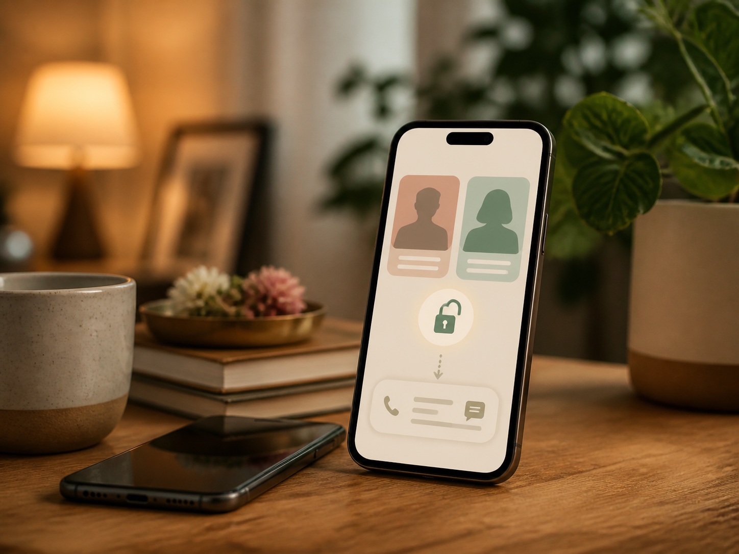 A phone showing profile cards and an unlock contact icon.