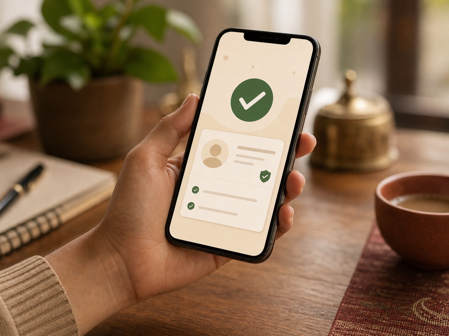 A phone showing a verified profile check screen.